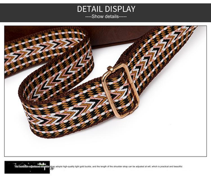close up of adjustable geometric patterned shoulder strap with gold tone metal slider buckle for pu crossbody bag