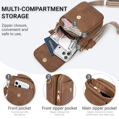 pu crossbody phone bag storage diagram showing magnetic front flap front zippered pocket and main zipper compartment