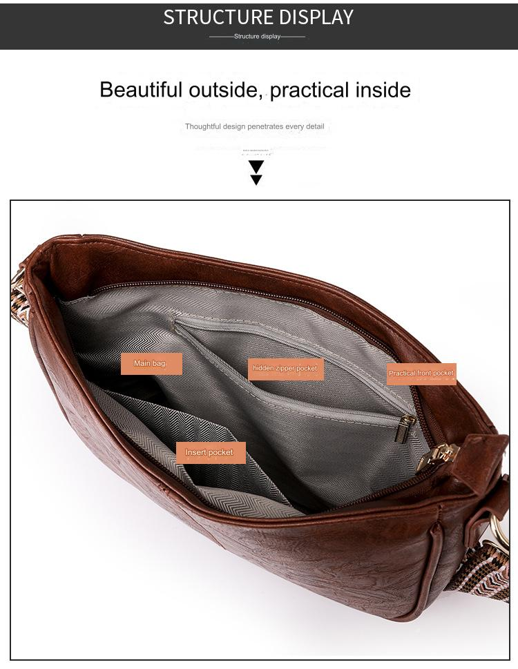 open brown pu crossbody shoulder bag showing patterned lining main compartment inner zip pocket and slip pocket