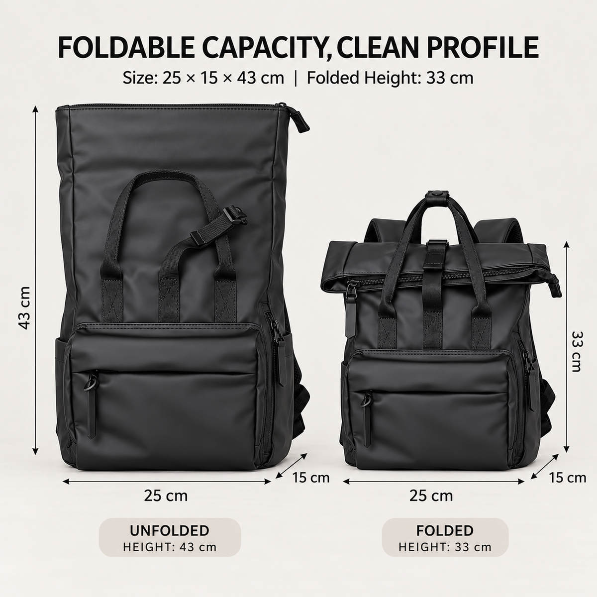 custom pu backpack dimensions showing 25 cm width 15 cm depth 43 cm expanded height and 33 cm folded height