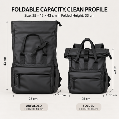 custom pu backpack dimensions showing 25 cm width 15 cm depth 43 cm expanded height and 33 cm folded height