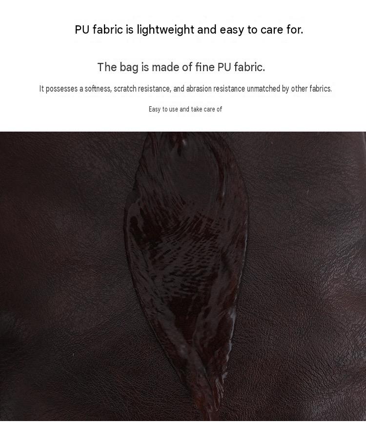 close up of dark brown pu leather crossbody bag material showing smooth leather like surface texture