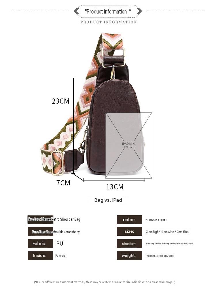 custom pu sling bag specification diagram showing 23 cm height 13 cm width 7 cm depth polyester lining and approximately 0.45 kg weight