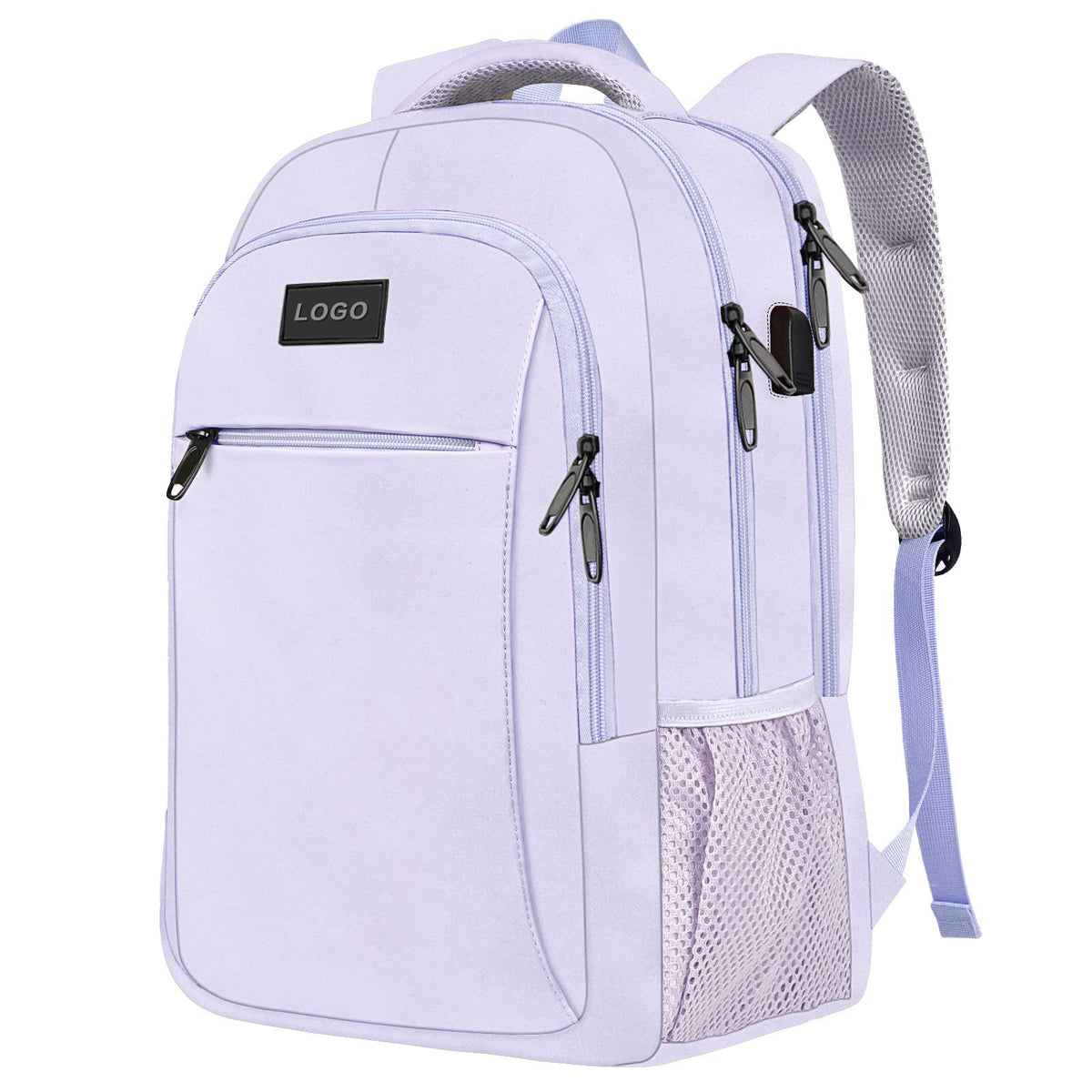 purple custom backpack with laptop storage compartment