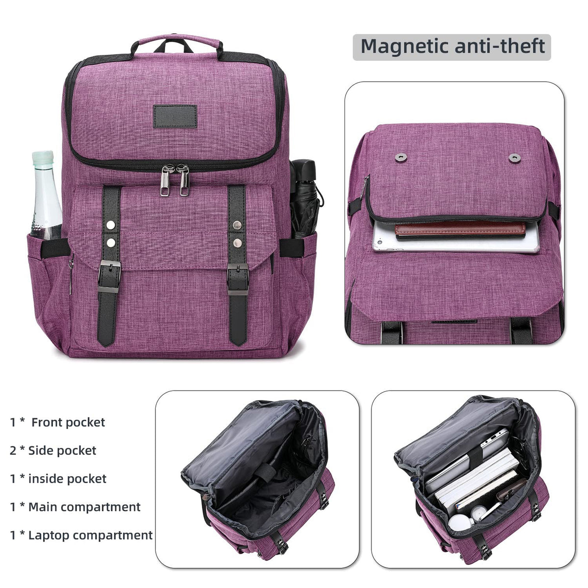 purple laptop backpack with magnetic flap laptop compartment main storage front pocket and two side pockets
