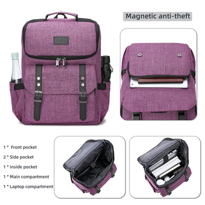purple laptop backpack with magnetic flap laptop compartment main storage front pocket and two side pockets