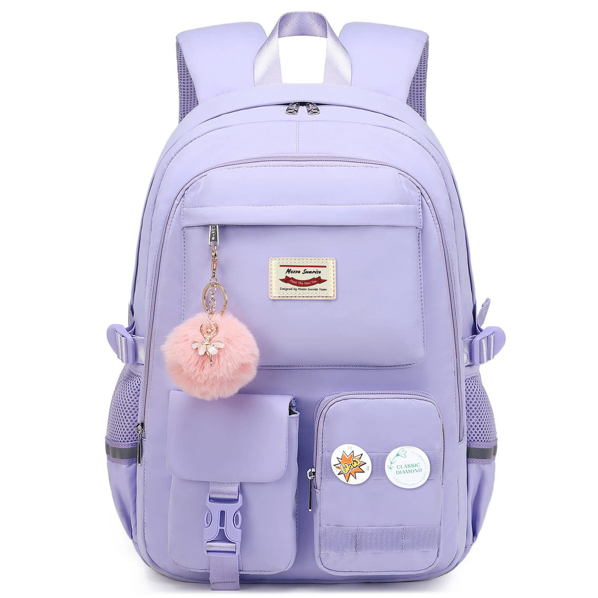 purple student backpack with pink fur ball accessory and multi-pocket school storage