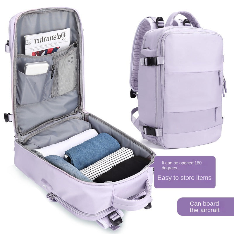 purple travel backpack with laptop compartment and separate shoe storage