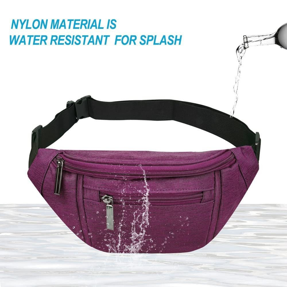 purple nylon waist bag with water splashing onto the outer fabric to illustrate water-resistant material