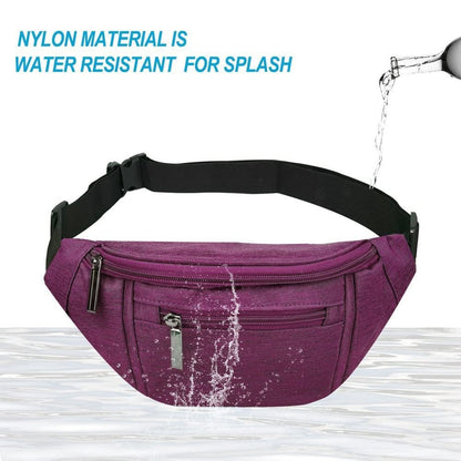 purple nylon waist bag with water splashing onto the outer fabric to illustrate water-resistant material