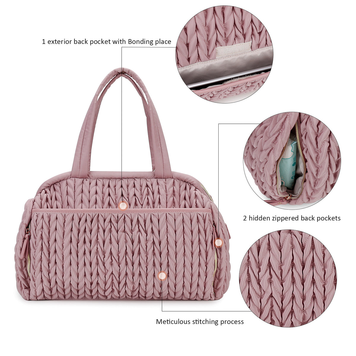 quilted baby bag rear view with hidden zipper storage pocket and detailed stitched texture
