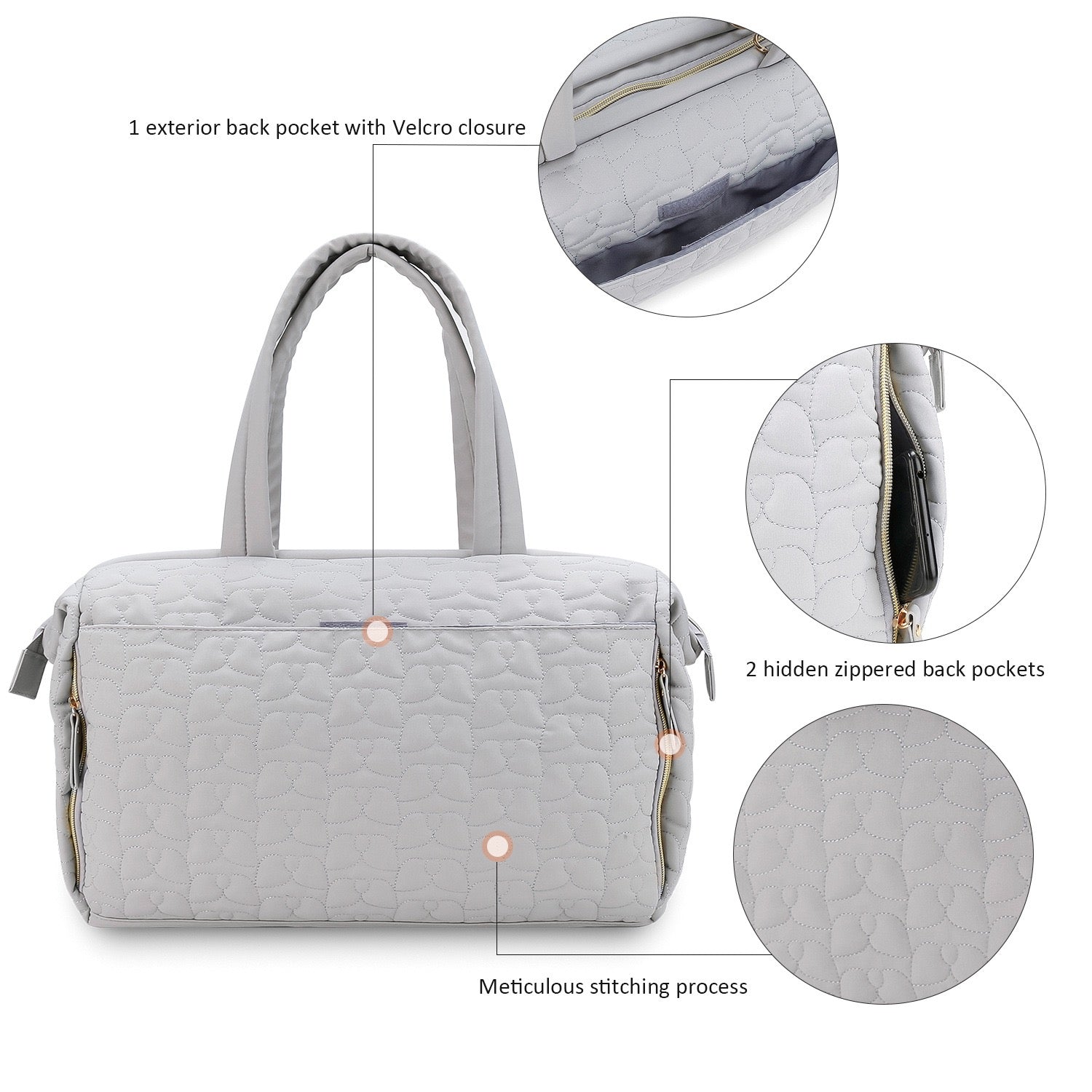 quilted diaper bag with hidden zipper pockets and durable stitching details