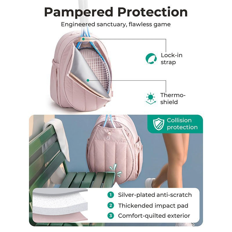 racket backpack protection structure with lock-in strap protective layers thickened impact padding and quilted exterior