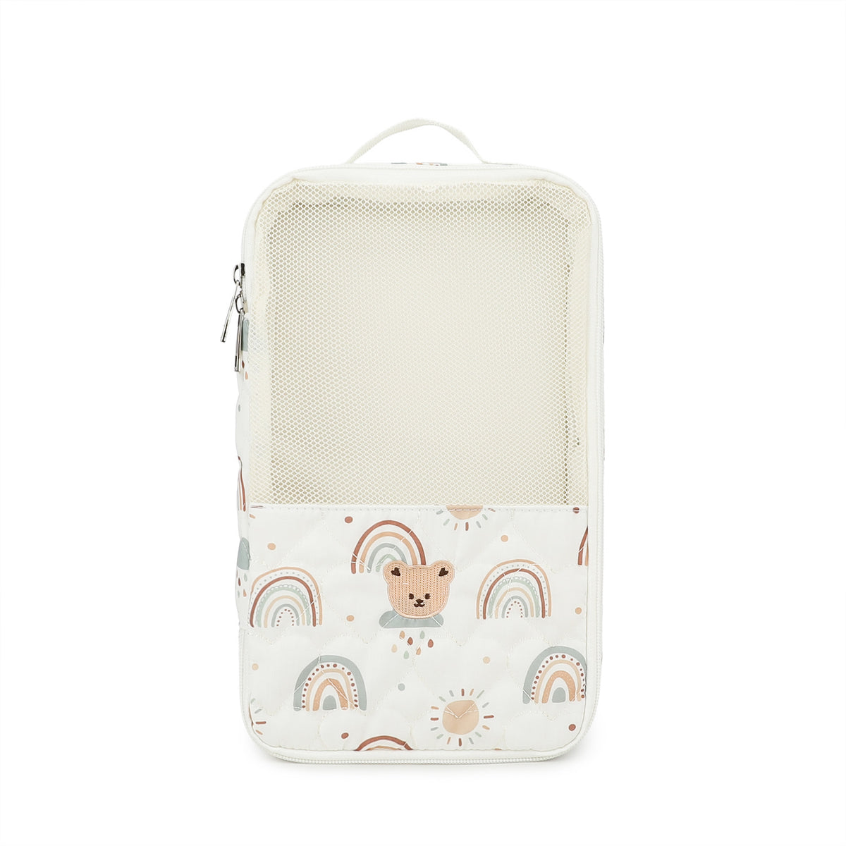 cream baby clothes organizer pouch with rainbow print embroidered bear design upper mesh panel and zipper closure