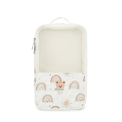 cream baby clothes organizer pouch with rainbow print embroidered bear design upper mesh panel and zipper closure