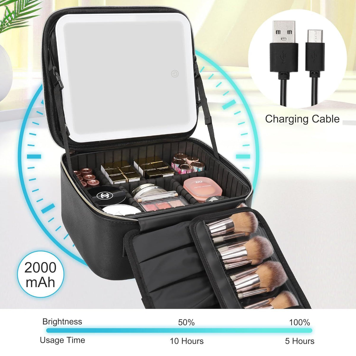 rechargeable led makeup case with 2000mah battery usb charging cable adjustable dividers and brush storage panel