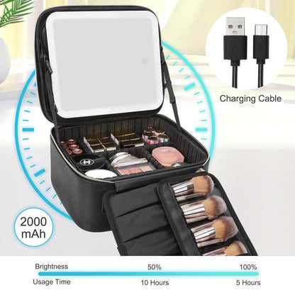 rechargeable led makeup case with 2000mah battery usb charging cable adjustable dividers and brush storage panel