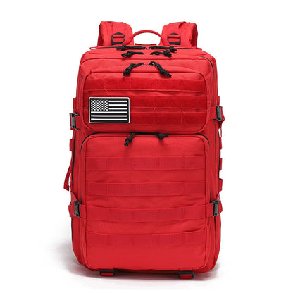 red custom tactical backpack with molle webbing and multiple compartments