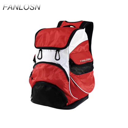 Red white and black custom swimming backpack with front wet storage pocket, side mesh pocket, padded shoulder straps and front attachment hooks