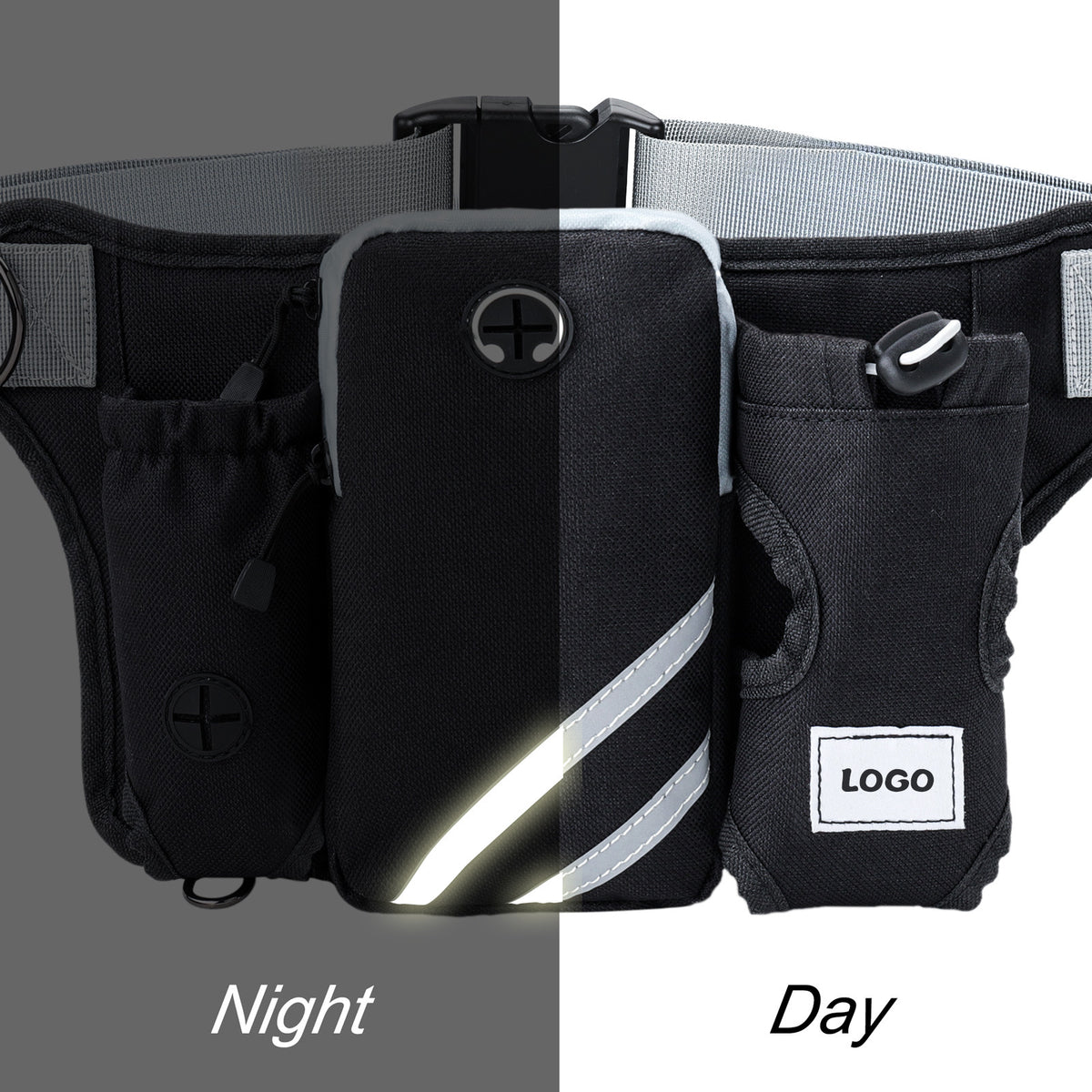 reflective dog running waist pack showing front visibility in night and daytime conditions