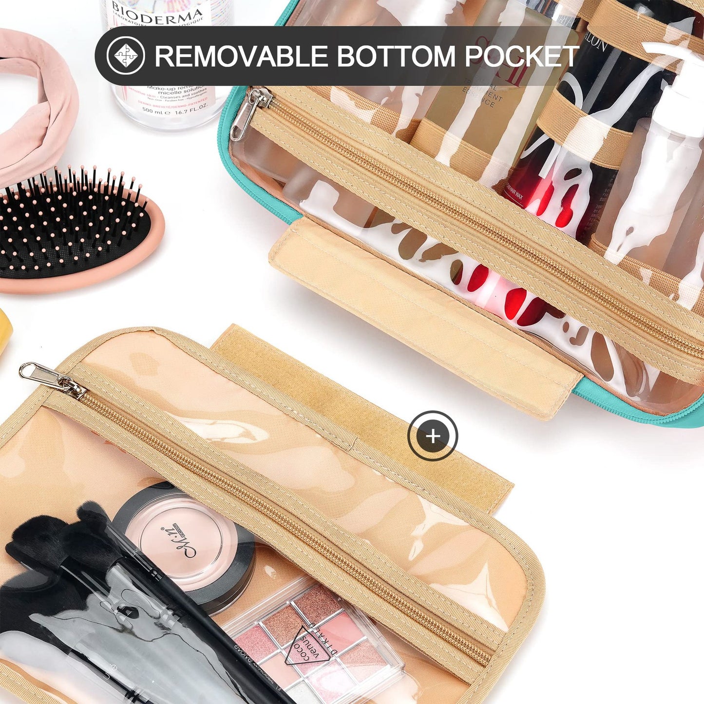 Cosmetic bag with removable pocket for flexible storage
