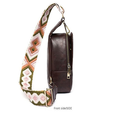 side view of brown pu crossbody sling bag showing main zipper opening side panel and adjustable woven strap hardware