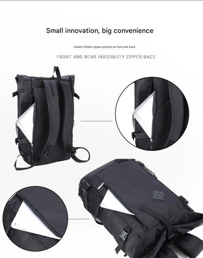 roll top backpack with front and rear hidden zipper pockets