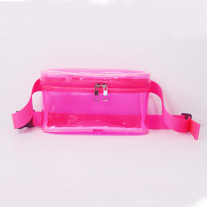 rose red transparent pvc waist bag with dual zipper front compartment and matching strap