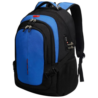 sapphire blue smart backpack with combination lock usb port and multi-compartment travel storage