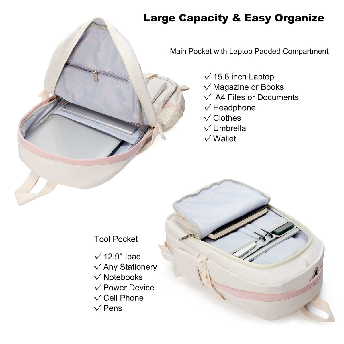 school backpack with padded 15.6 inch laptop compartment and organizer for iPad books A4 files stationery and phone