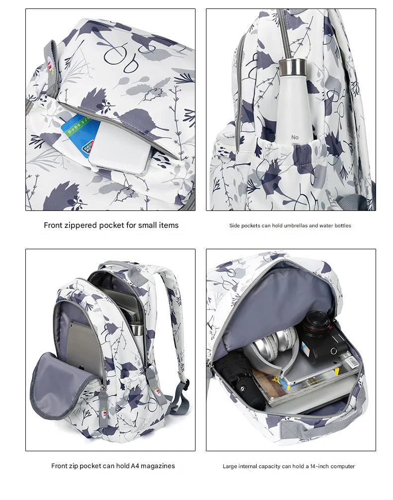 school backpack with front pocket and side water bottle holder