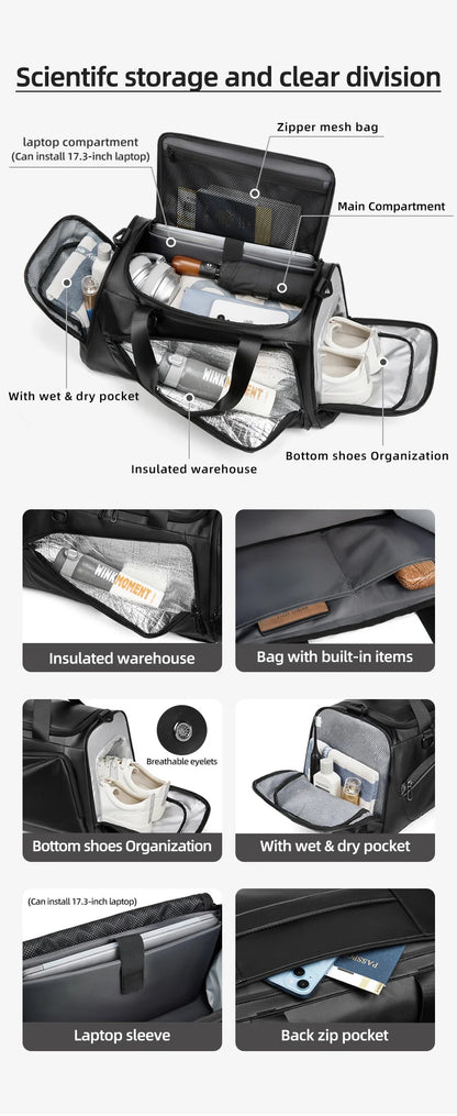 shoe travel bag design with separate shoe compartment 17.3 inch laptop sleeve and wet dry pocket