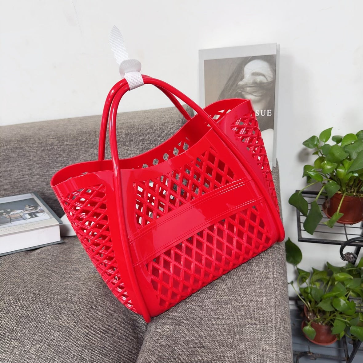 red small size pvc shopping beach bag,women,front