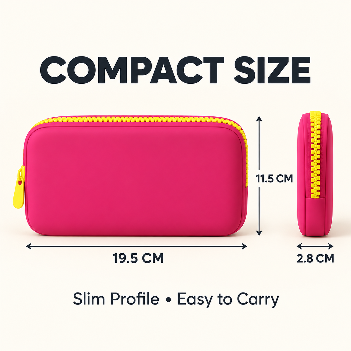 silicone cosmetic pouch dimension guide showing 19.5 cm length 11.5 cm height and 2.8 cm depth