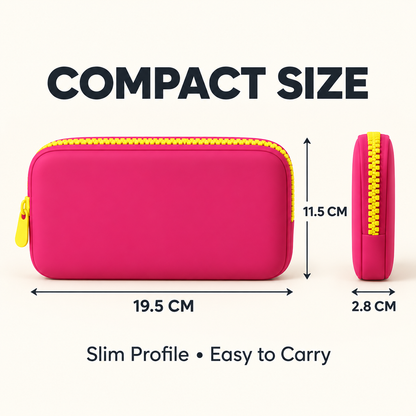 silicone cosmetic pouch dimension guide showing 19.5 cm length 11.5 cm height and 2.8 cm depth