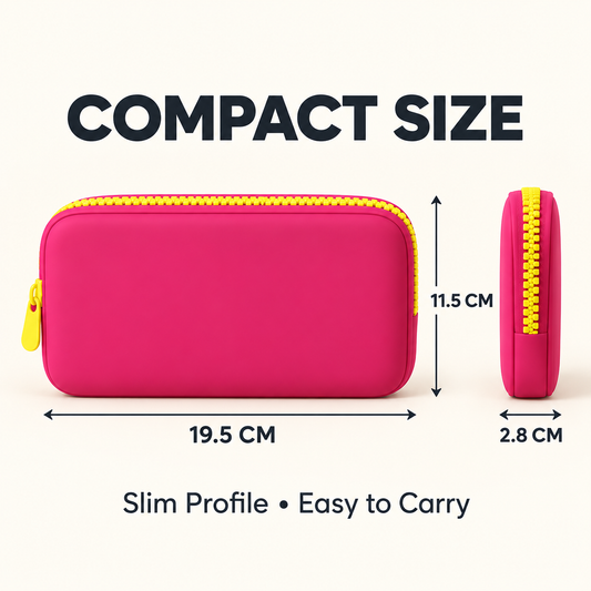 silicone cosmetic pouch dimension guide showing 19.5 cm length 11.5 cm height and 2.8 cm depth