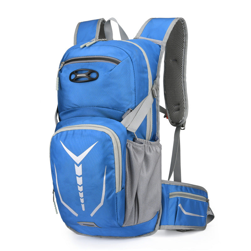 sky blue cycling backpack with breathable back panel and helmet holder