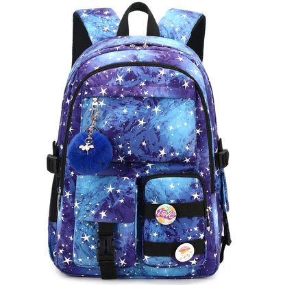 sky blue galaxy print school laptop backpack with multiple front pockets and blue fur ball accessory