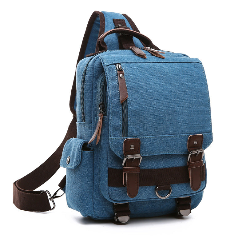 sky blue one shoulder canvas backpack with adjustable strap