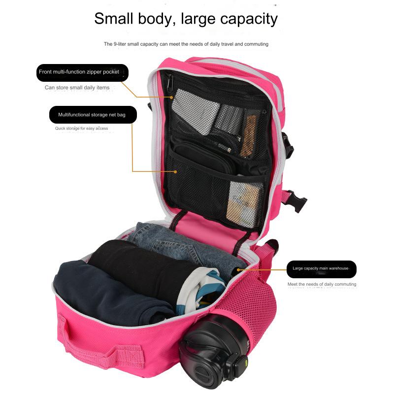 small backpack with multiple compartments for daily essentials and fitness accessories