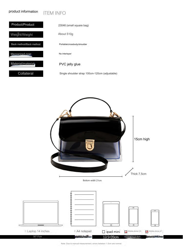 black pvc small jelly square bag,women,dimensions