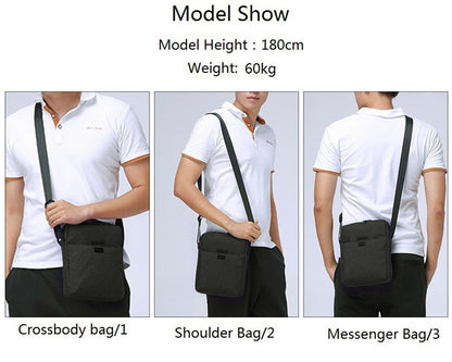 black custom vertical crossbody bag with polyester fabric front slip pocket and adjustable shoulder strap