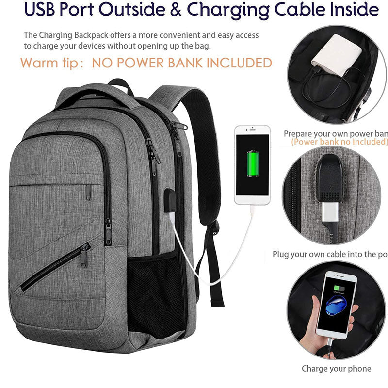 smart laptop backpack with external usb charging port and internal cable for user supplied power bank
