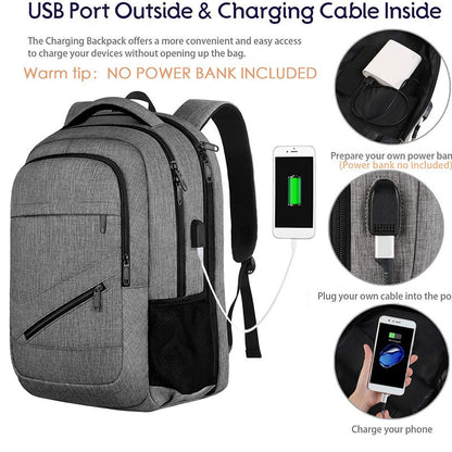 smart laptop backpack with external usb charging port and internal cable for user supplied power bank