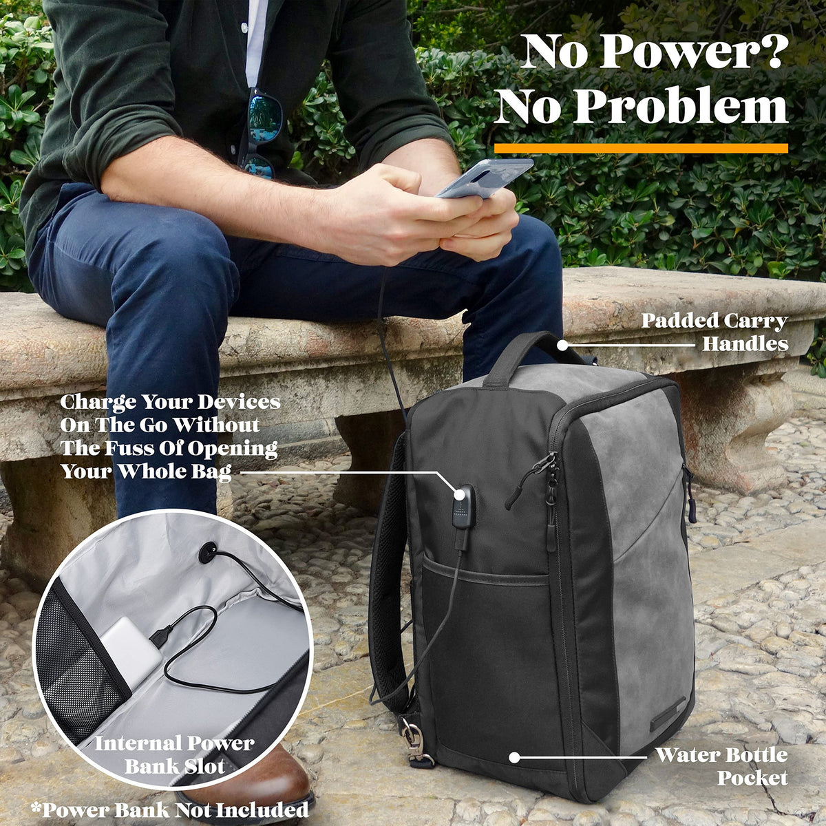 smart rpet backpack with usb charging port and power bank compartment