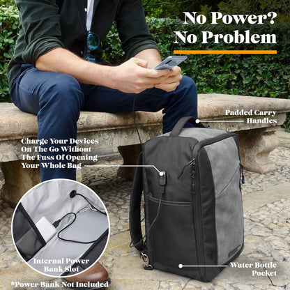 smart rpet backpack with usb charging port and power bank compartment