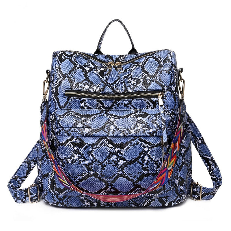 blue snake pattern convertible backpack with front zipper pockets and multicolor shoulder strap