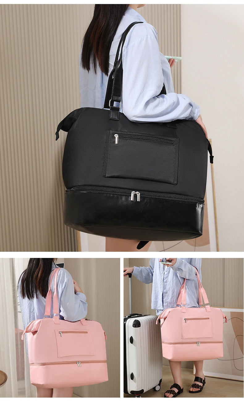 pink nylon sneaker travel bag,women,model display