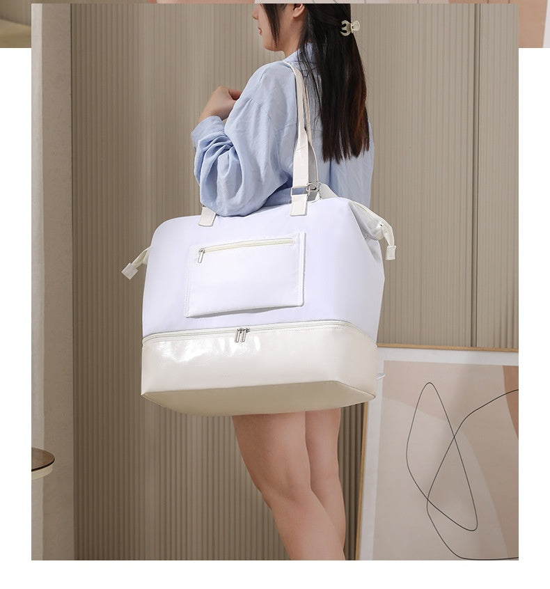 white nylon sneaker travel bag,women,model display
