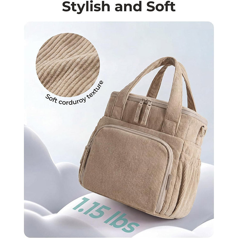 soft khaki corduroy insulated lunch bag showing ribbed fabric texture and 1.15 lb product weight
